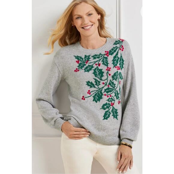 Talbots Holiday Holly Intarsia Crew Sweater Embroidered Gray Cotton Wool Large - Picture 1 of 8